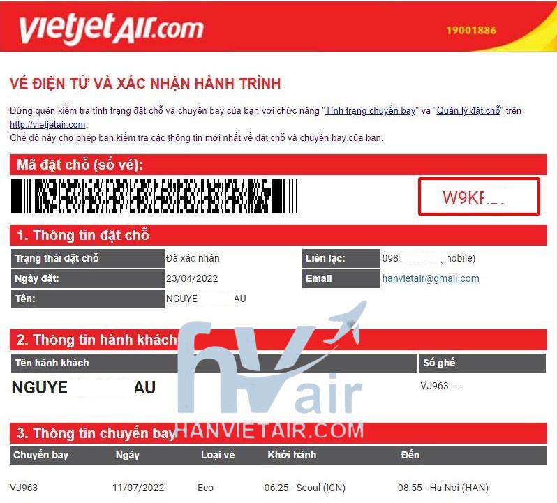 Vé hãng Vietjet khách hàng nhận được từ Hanvietair